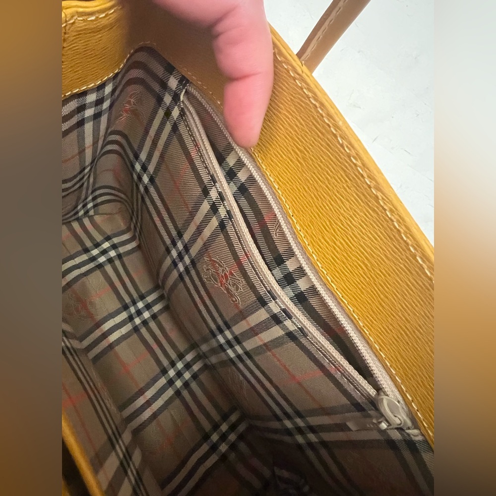 Burberry Yellow Leather Top Handle Handbag Vintage Haymarket Check Mustard Brown - Picture 8 of 12